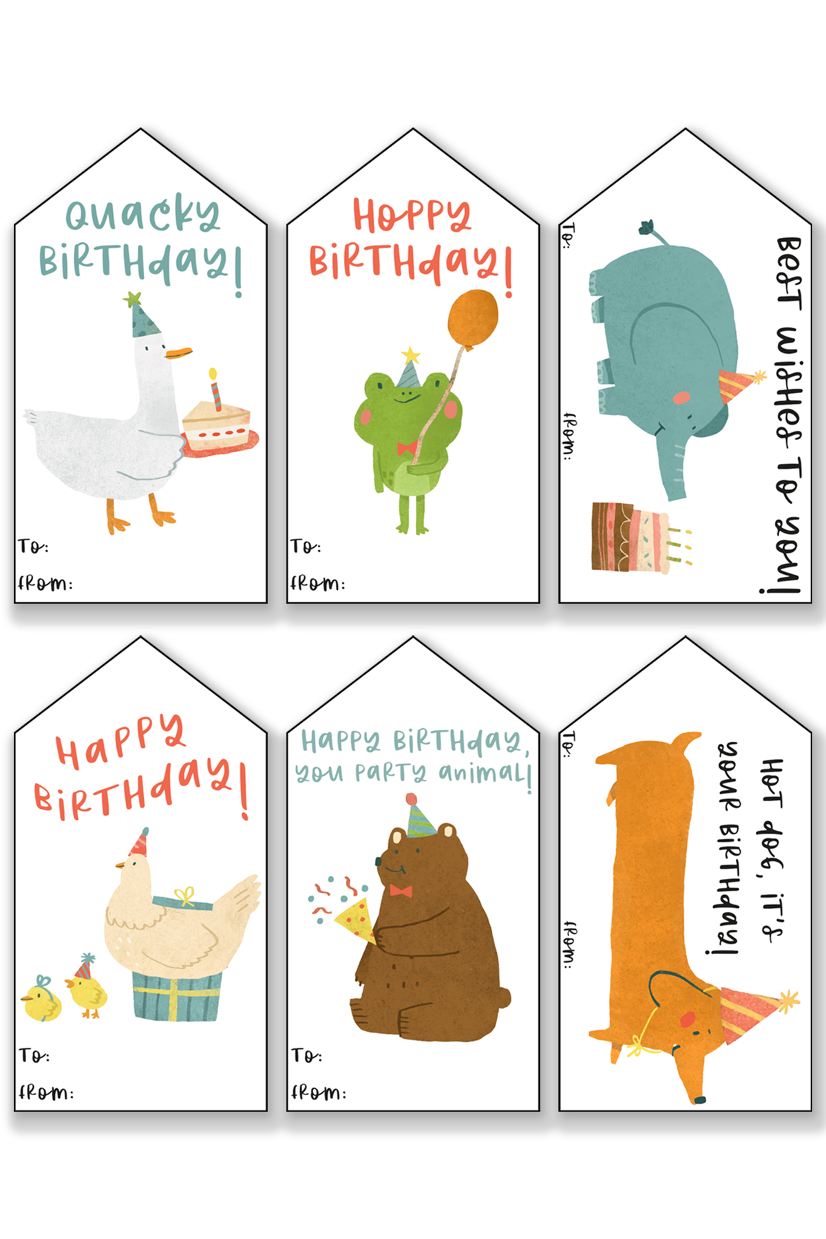 This image is showing one of the free printable birthday tags set - each tag has an animal being silly with a birthday hat, gifts, etc.