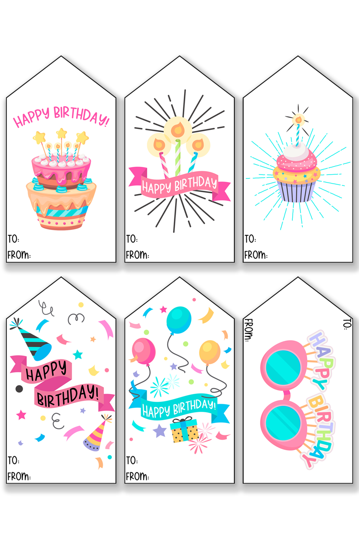This image is showing one of the free printable birthday tags set - each tag has a different generic birthday design.