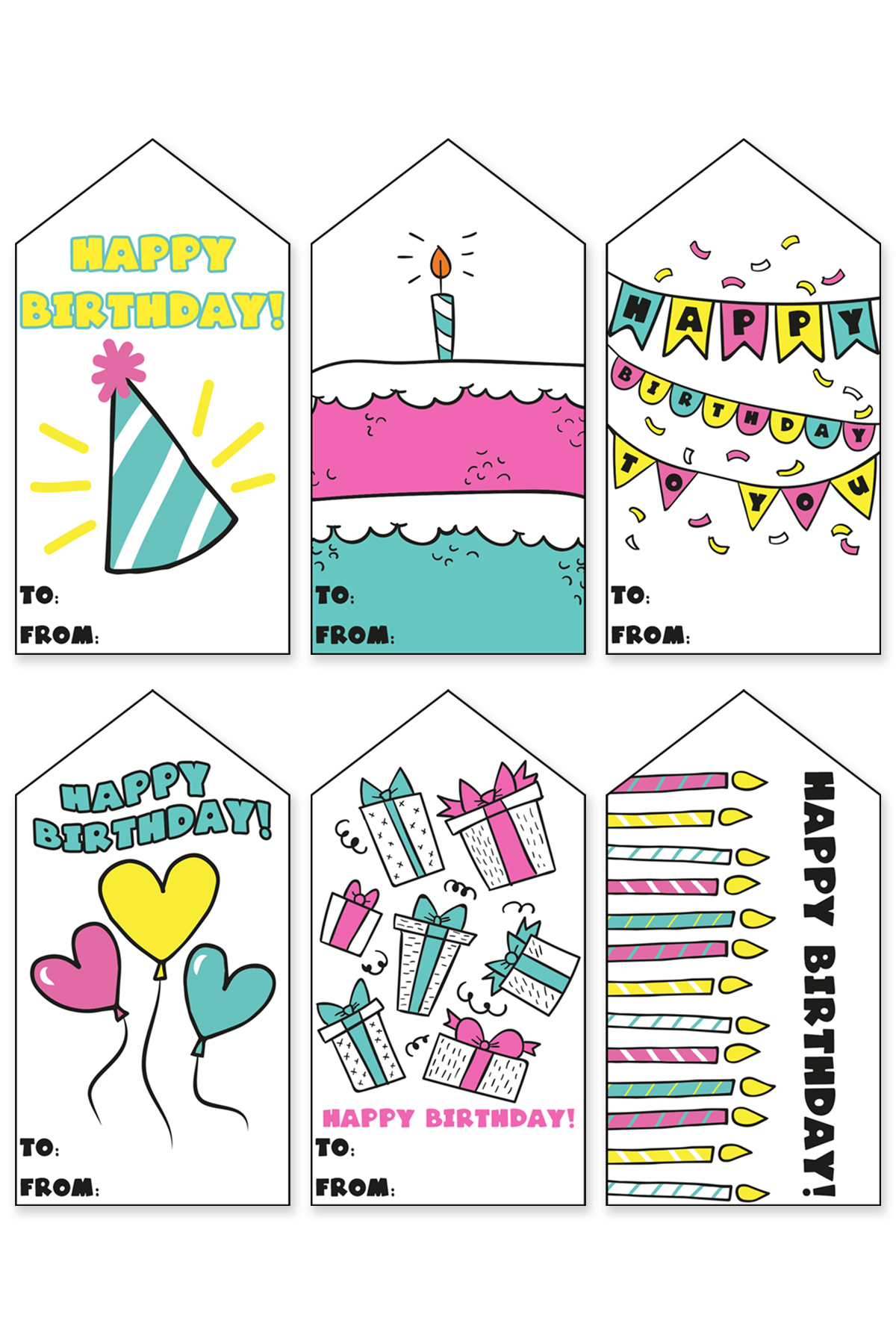 This image is showing one of the free printable birthday tags set - each tag has a different bright and bold generic birthday design.