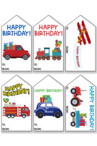 This image is showing one of the free printable birthday tags set - each tag has a different transportation vehicle.