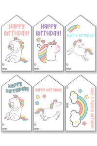 This image is showing one of the free printable birthday tags set - each tag has a different unicorn birthday tag design.