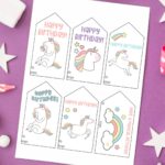 This image is showing one of the free printable birthday tags set - each tag has a different unicorn birthday tag design.