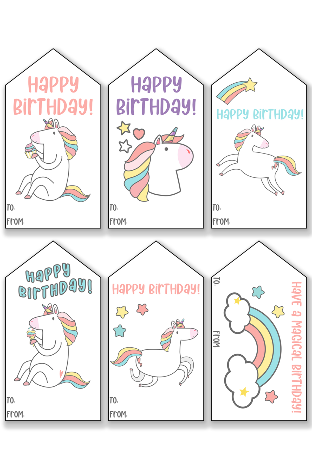 This image is showing one of the free printable birthday tags set - each tag has a different unicorn birthday tag design.