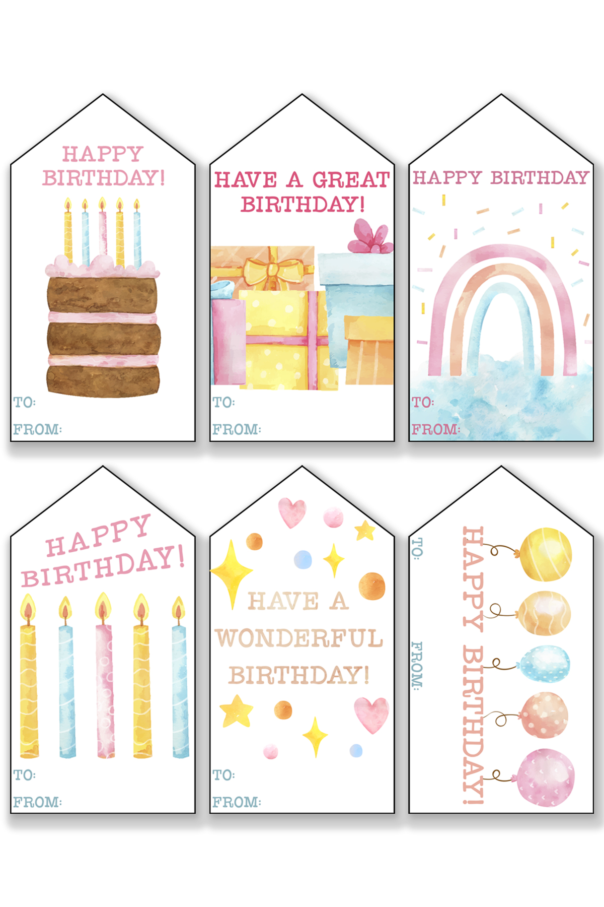 This image is showing one of the free printable birthday tags set - each tag has a different generic watercolor birthday design.