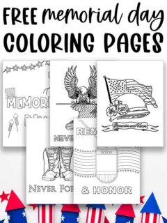 At the top it says Free Memorial Day coloring pages. Below that are some of the free printable coloring sheets you can download in this post. At the bottom are some blue and red firecrackers.