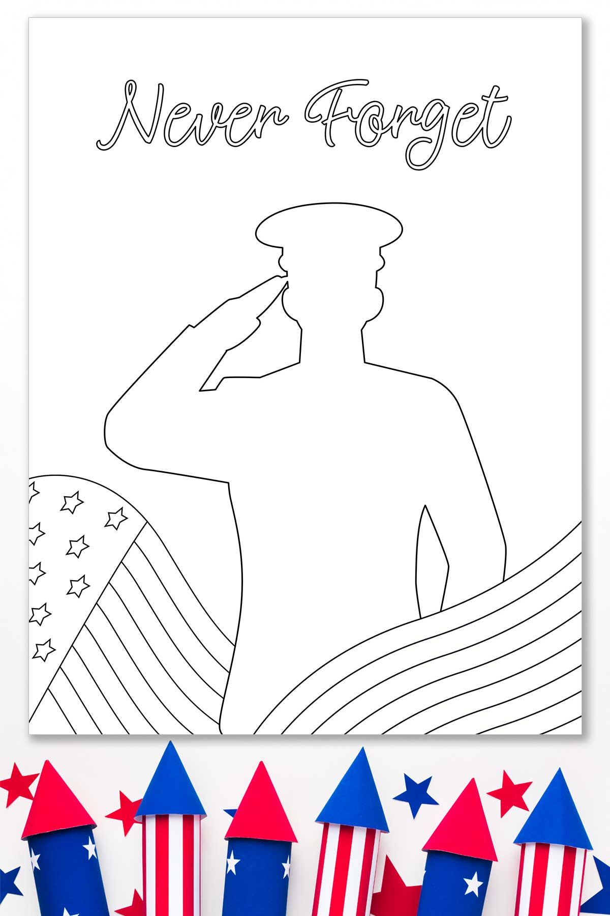 There are some red and blue firecrackers at the bottom of the coloring page.