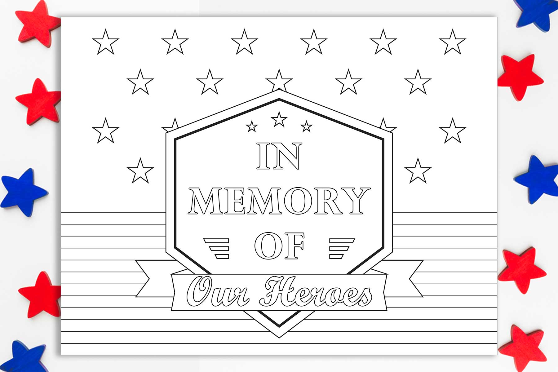 This Memorial Day coloring sheet says In Memory of our Heroes. In addition, it has stars and stripes. There are some red and blue stars on either side of the coloring page.