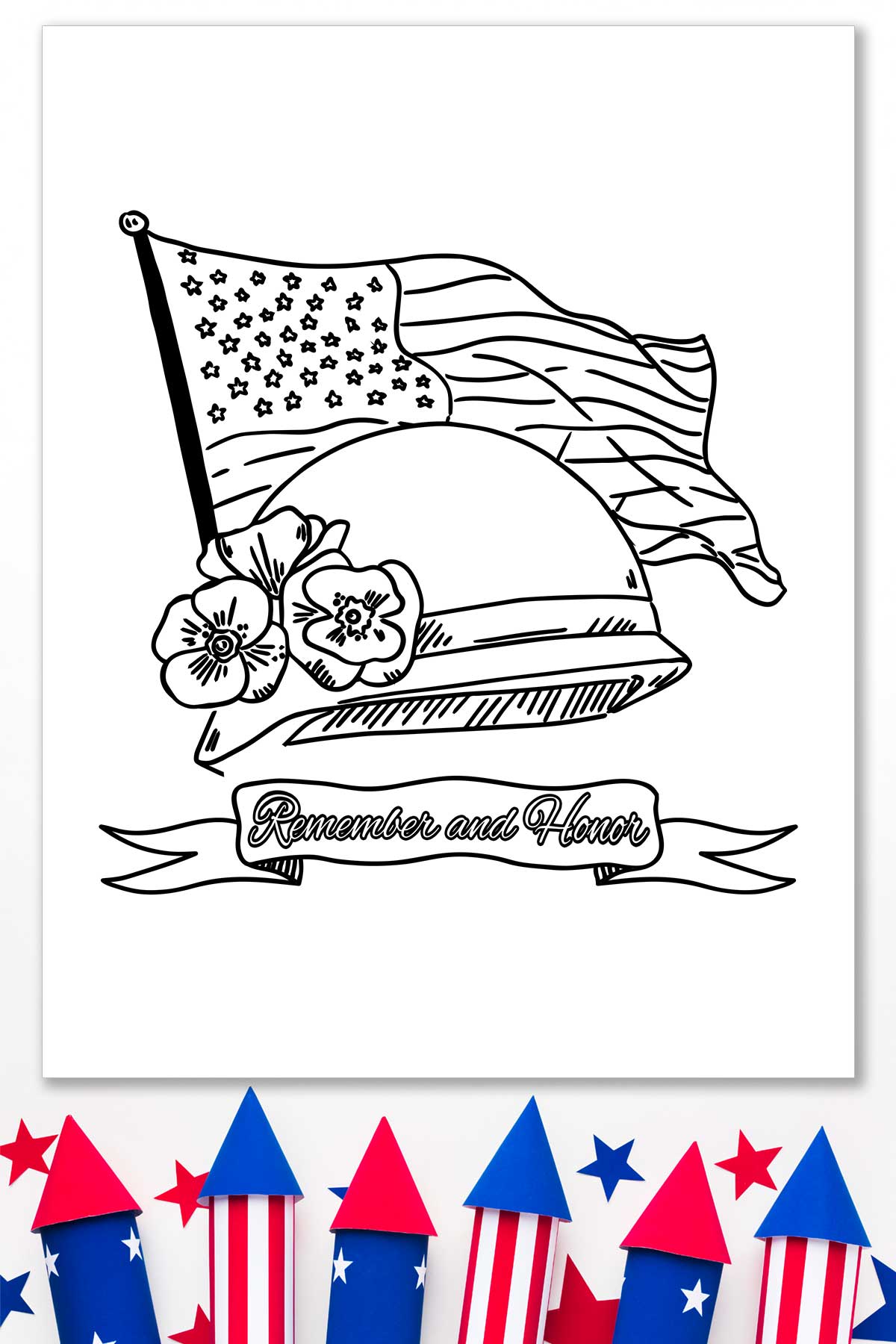 There are some red and blue firecrackers at the bottom of the coloring page.