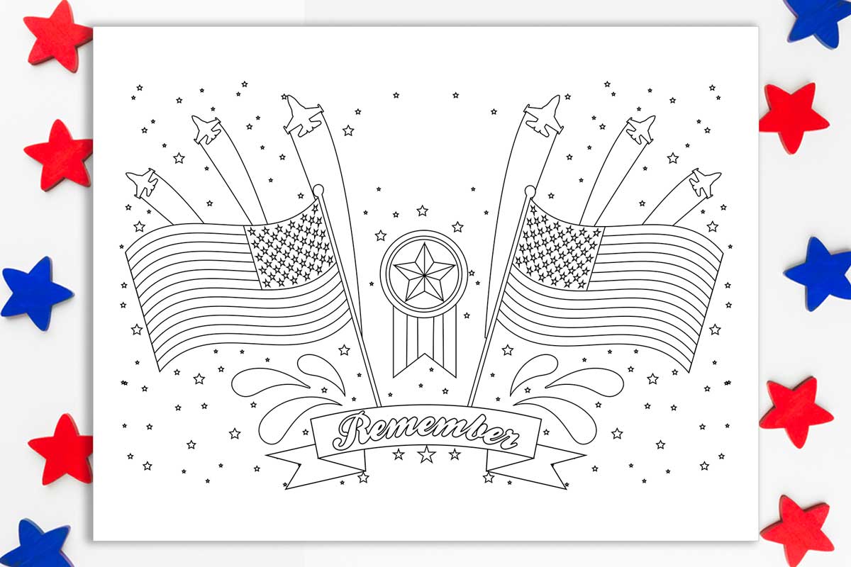 This landscape-formatted page has American flags, stars, fighter planes, and a ribbon badge, and says the word remember toward the bottom. There are some red and blue stars on either side of the coloring page.