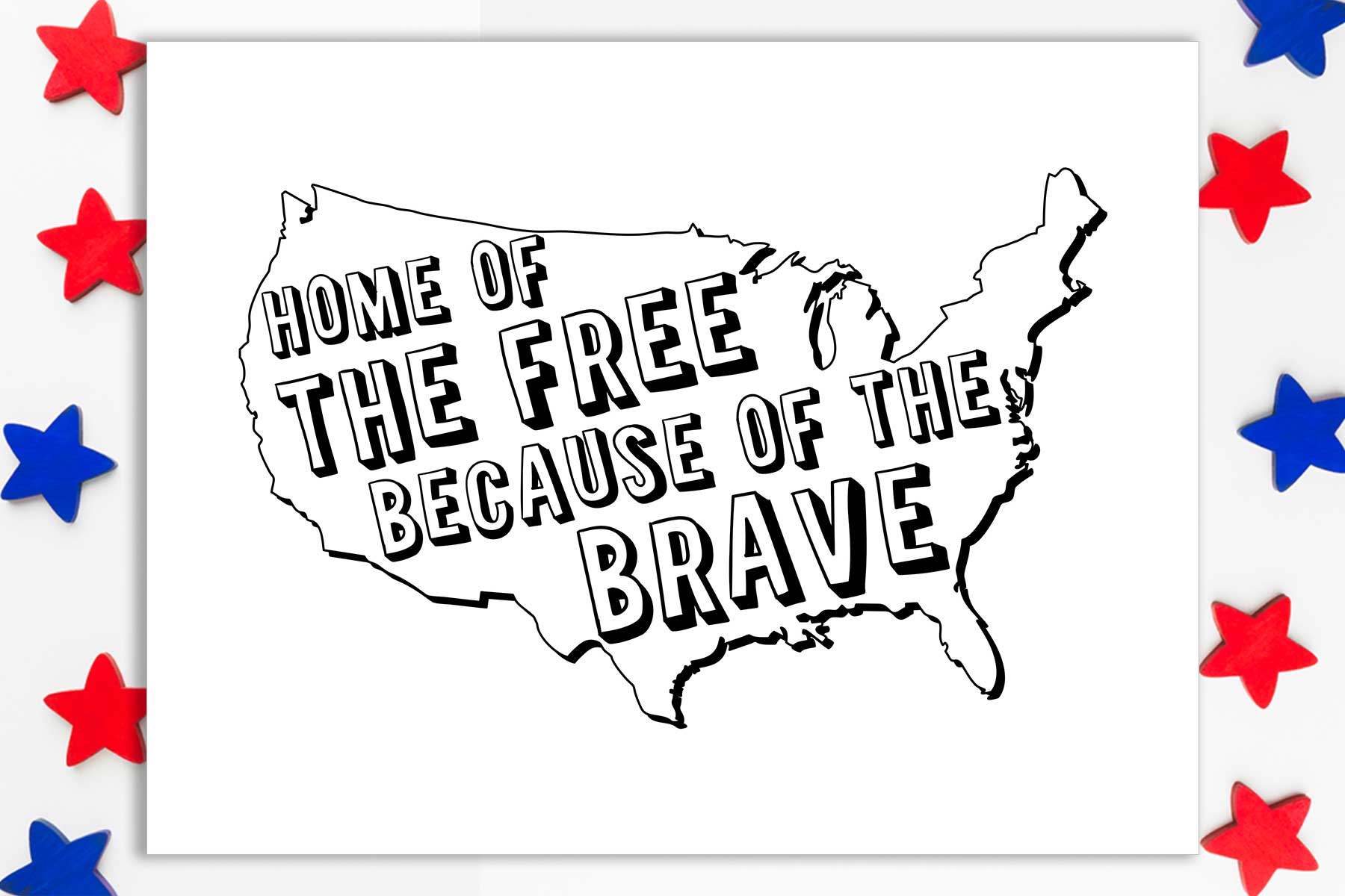 This Memorial Day coloring page has an outline of the United States of America (minus Hawaii and Alaska). Inside of the country, it says Home of the Free because of the Brave. There are some red and blue stars on either side of the coloring page.