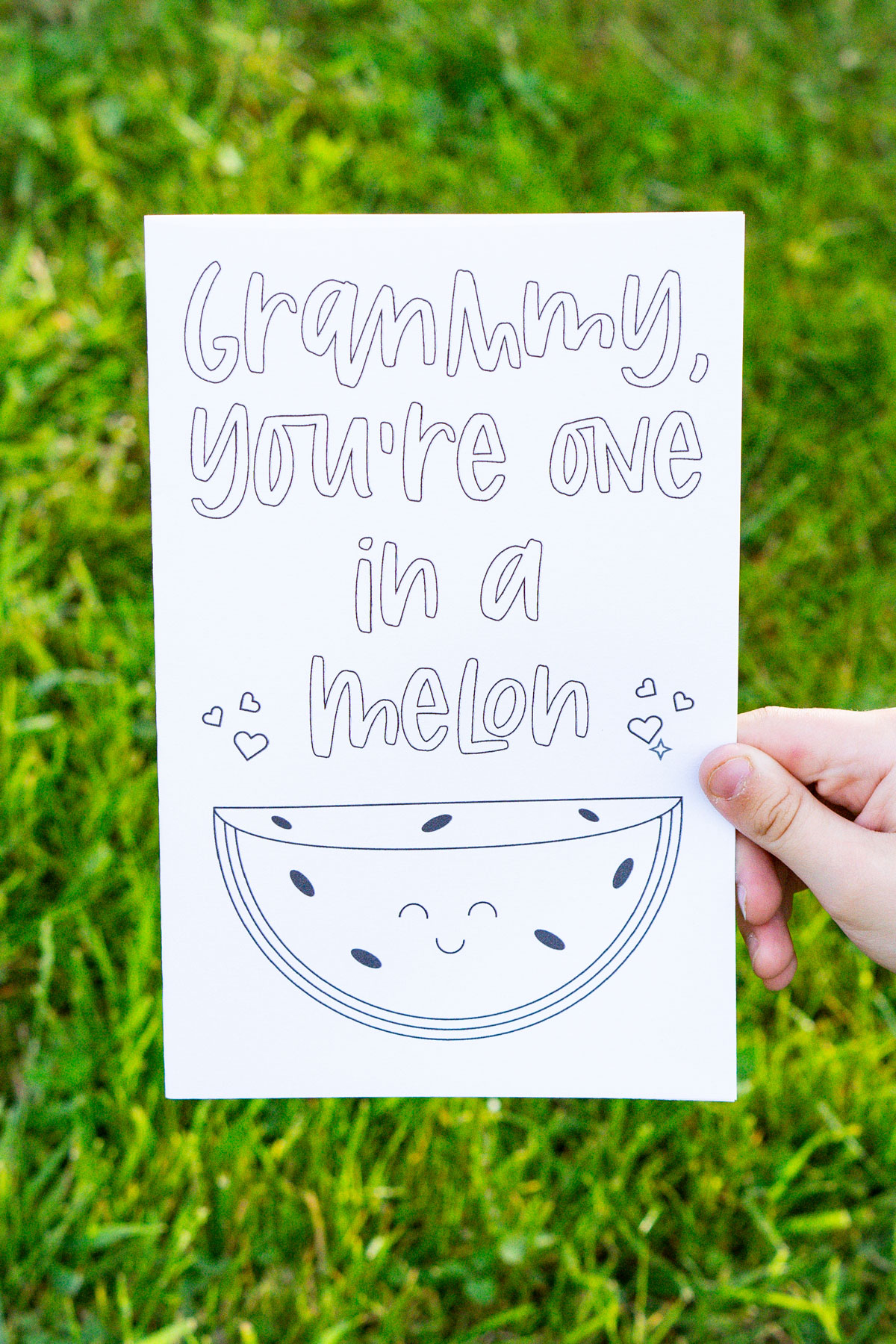 This is the picture of one of the free printable Mother's Day cards to color. This card says Grammy, you're one in a melon. And it has a picture of a watermelon and some hearts.