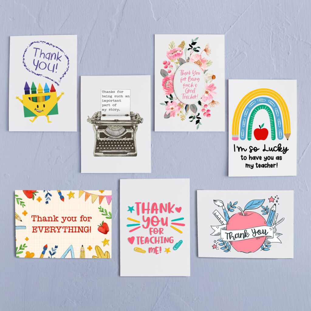 This is an image of all 7 free printable thank you cards for teacher appreciation you can download for free at the end of this post.