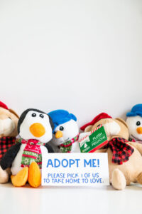 This image is showing one of the birthday party gift bag ideas which are some stuffed animals you can "adopt" instead of a goody bag. It says Adopt me! Please take 1 of us home to love.
