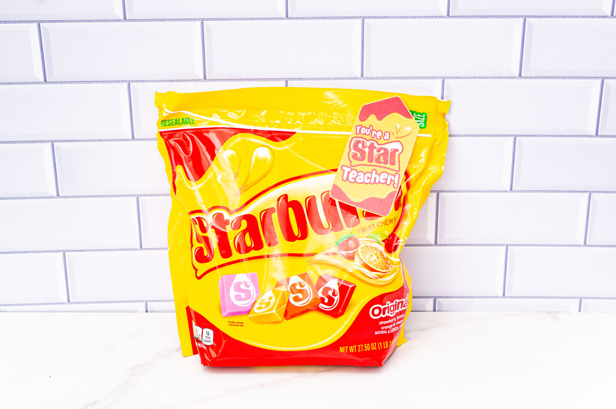 This is a bag of Starburst with a tag that says you're a star teacher.