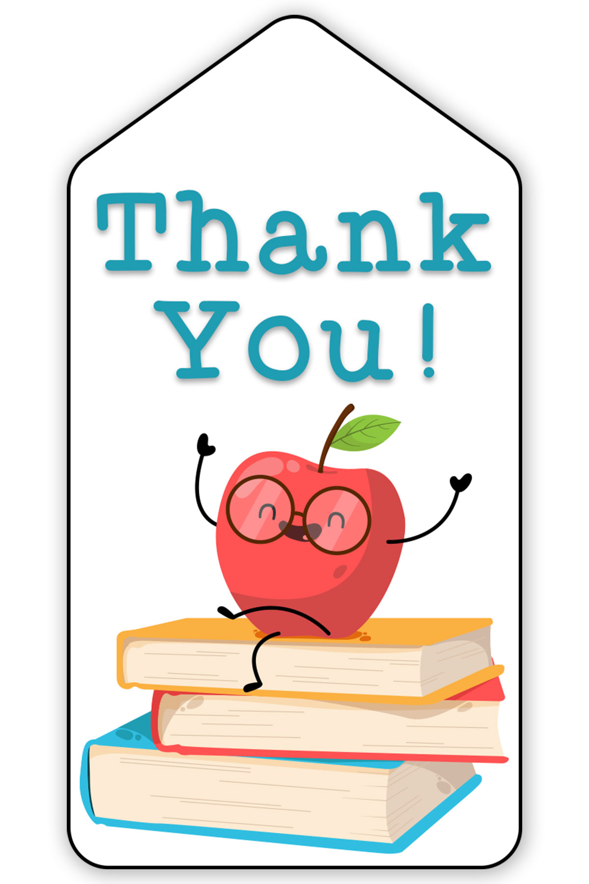 This free printable teacher appreciation gift tag says thank you with a cute apple sitting on a stack of books.