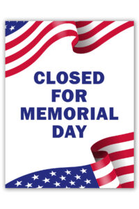 This image shows a free printable Closed for Memorial Day sign with a portion of the American flag in the upper left and bottom right hand corner.