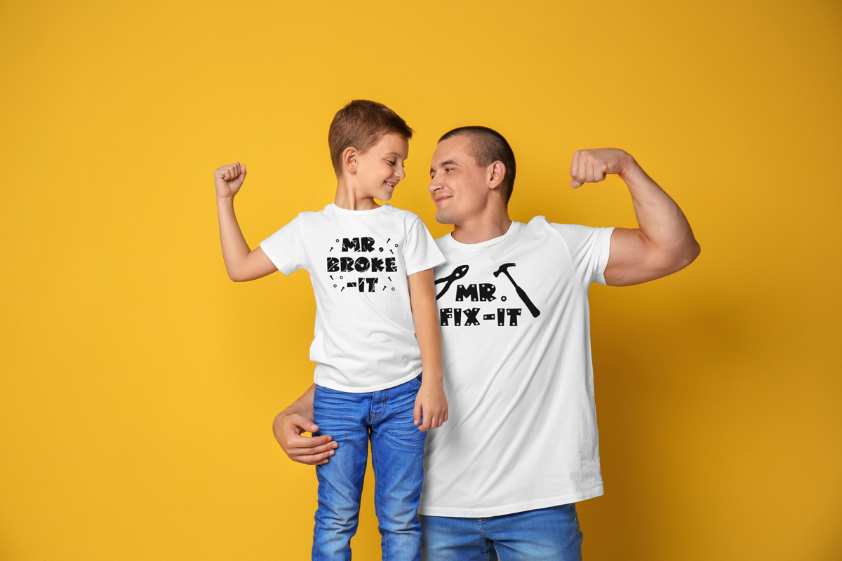 This is an image showing the two of the free SVGs from the Mr Fix It SVG set. It shows Mr Fix it on a man's white t-shirt and Mr Broke It displayed on a child's white tshirt.