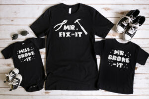 This image is showing the free SVGs from the Mr Fix It SVG set. It shows Mr Fix it on a man's black t-shirt, Miss Broke it on a small black onesie, and Mr Broke It displayed on a child's black tshirt.