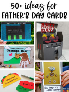 At the top it says 50+ ideas for Father's Day cards. Below that are some examples of the 50 card ideas.