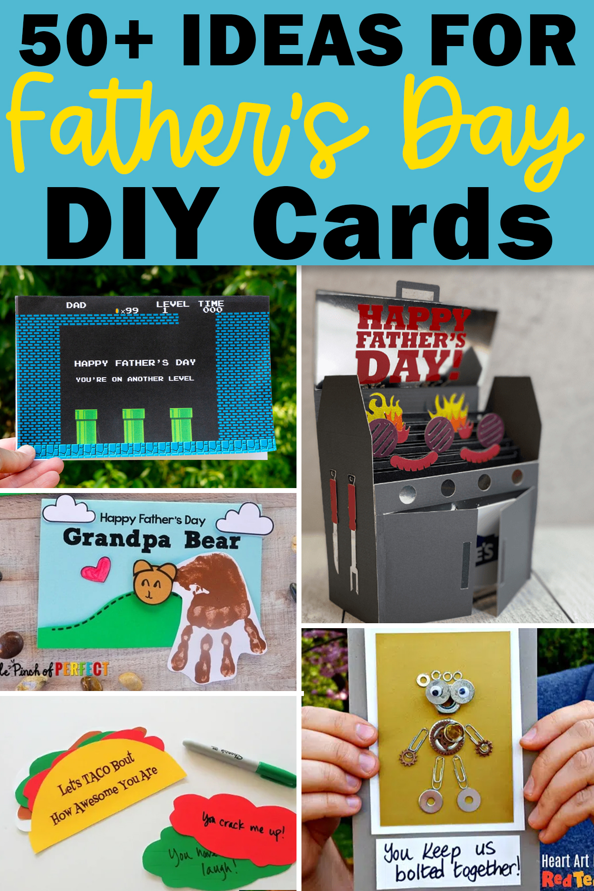 At the top it says 50+ ideas for Father's Day DIY cards. Below that are some examples of the 50 card ideas.