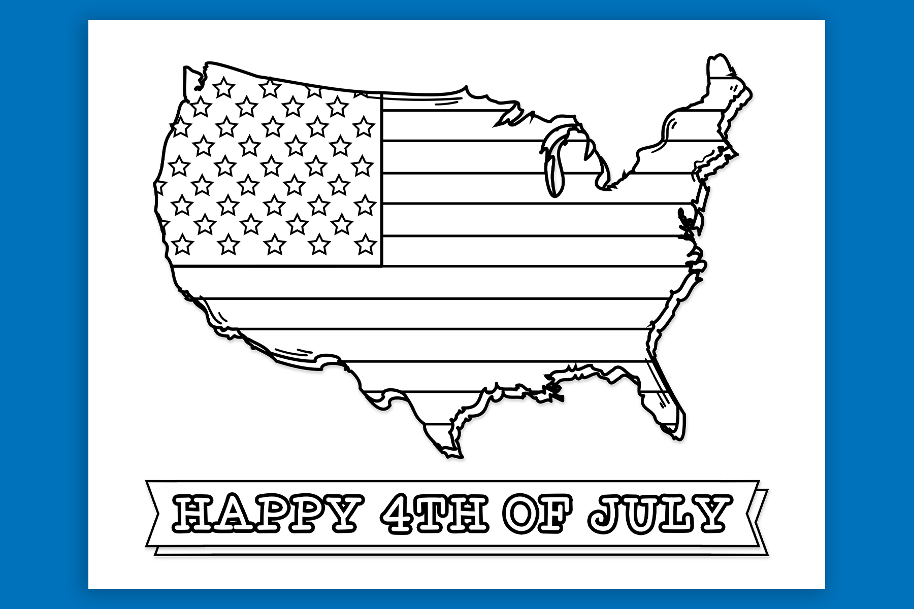 This free 4th of July coloring page has an outline of the United States that has been given stars and stripes to look like the American flag.