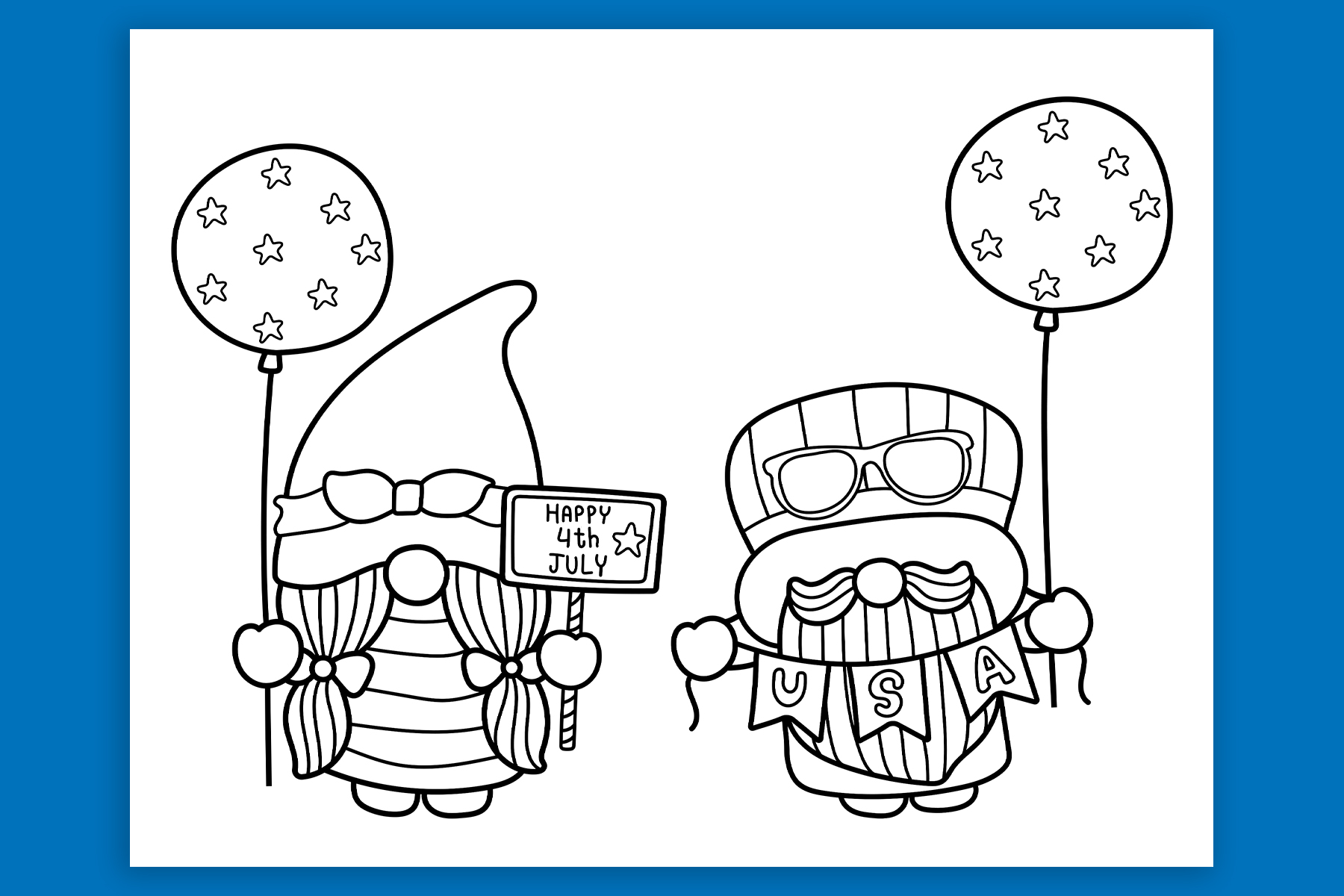 This free 4th of July coloring page features two patriotic gnomes holding balloons. One also has a Happy 4th of July sign and the other has a USA banner.