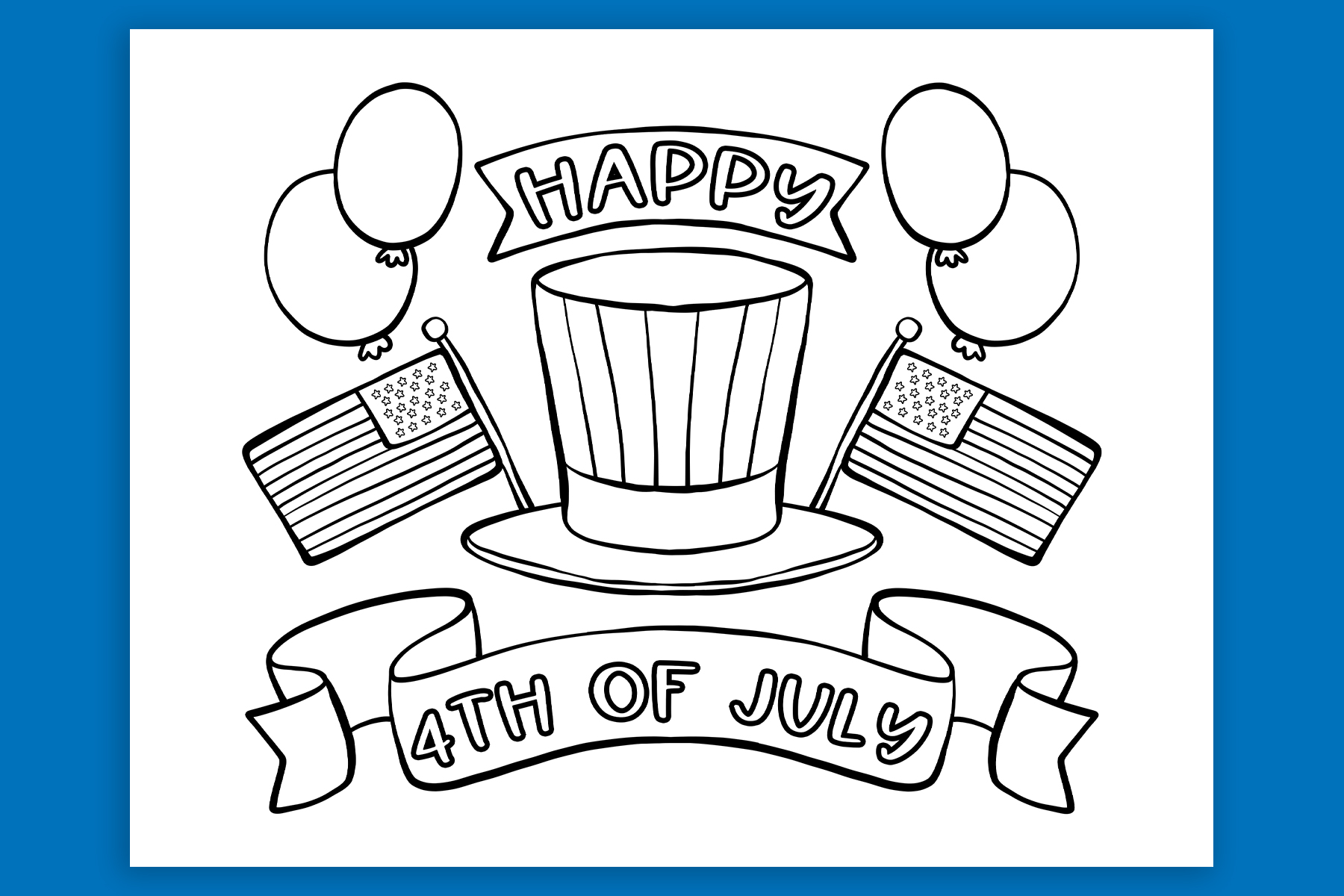 This free 4th of July coloring page says Happy 4th of July on two banners. It features a patriotic top hat flanked by balloons and American flags.