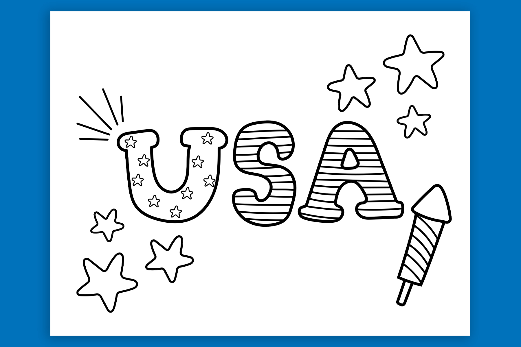 This free 4th of July coloring page says USA and has some stars and a firecracker surrounding it.