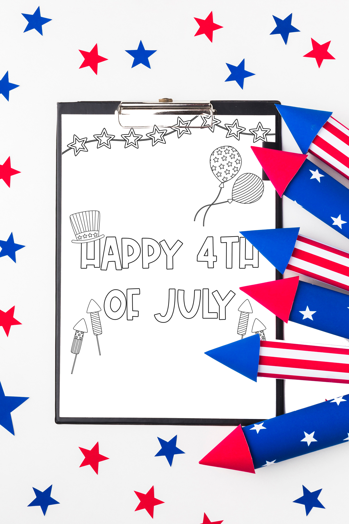 This image shows one of the free 4th of July coloring pages on a clipboard with some firecrackers on the right side and some stars on the left, bottom, and top, of the clipboard. This free 4th of July coloring page says Happy 4th of July. It is surrounded by firecrackers, balloons, a patriotic hat, and a star banner.