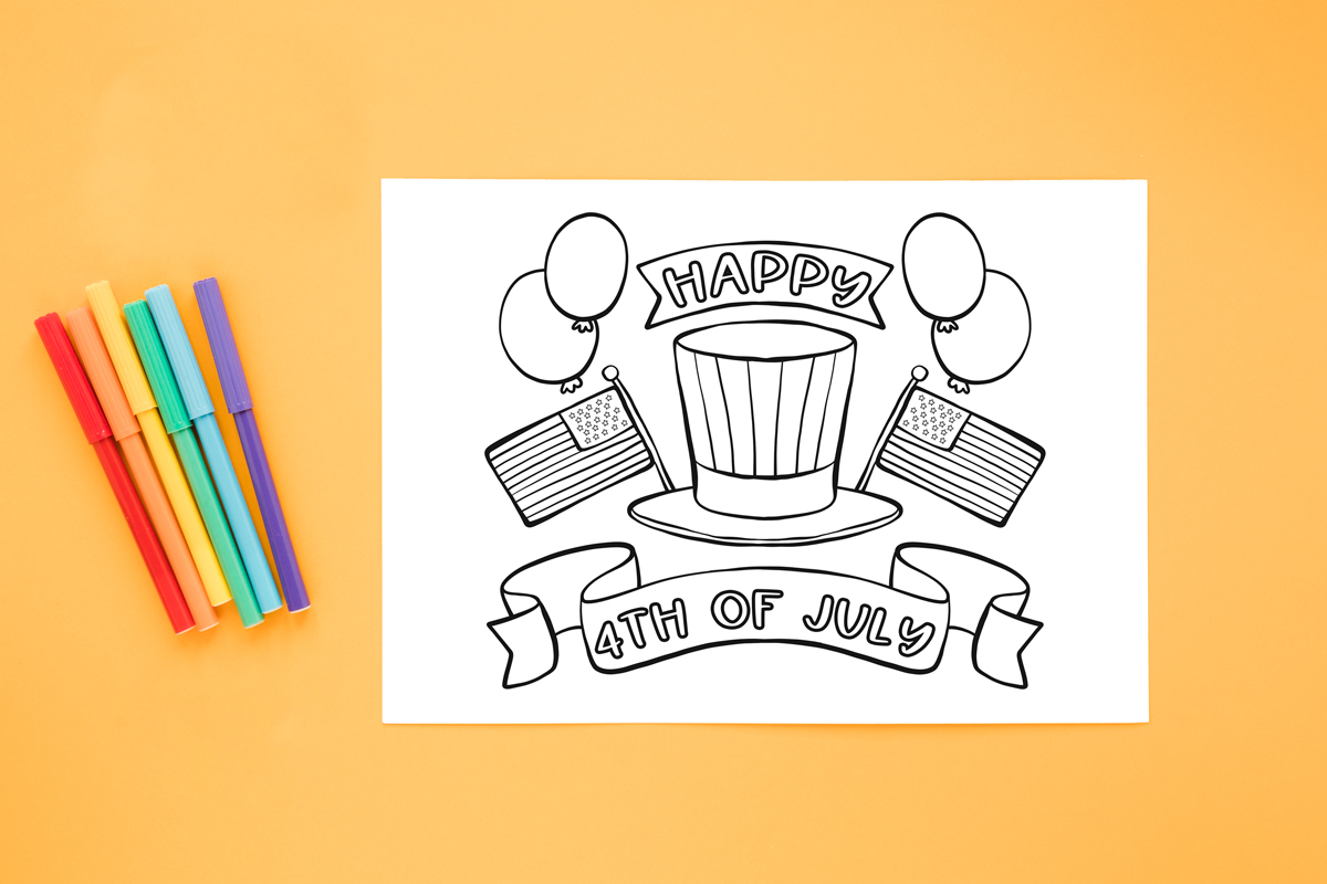 This image shows some colorful markers next to one of the free 4th of July coloring pages. The free 4th of July coloring page says Happy 4th of July on two banners. It features a patriotic top hat flanked by balloons and American flags.