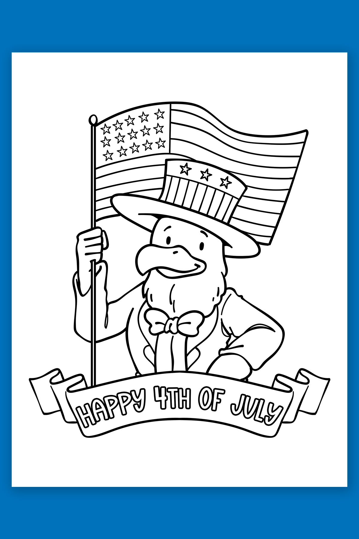 This free 4th of July coloring page says Happy 4th of July on a banner with a cartoon bald eagle wearing a suit and patriotic hat carrying an American flag.