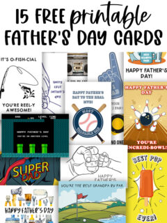 At the top says 15 free printable Father's Day cards. Below that are Some of the free Happy Father's Day printable cards available in this post.