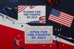 This shows two signs. The first says Closed for the Fourth of July. The one below it says Open for The Fourth of July. These are two of the printable Closed and Open for 4th of July templates you can download in this blog post.
