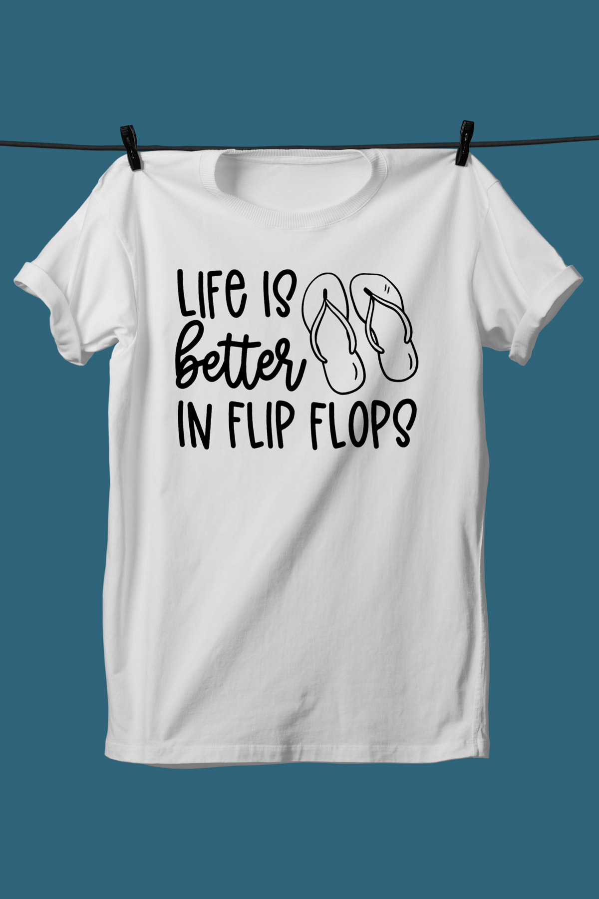 This image shows one of the SVGs from the free summer SVG set on a white tshirt. This one says life is better in flip flops with an image of flip flops.