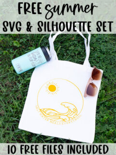 At the top, it says free summer SVG & Silhouette set. In the image below, it shows two of the SVGs from the free summer SVG set. The first one says salt water heals everything with the picture of waves and the sun on a tote bag. The second one says life is better in flip flops with an image of some flip flops, engraved on a Yeti tumbler colster.
