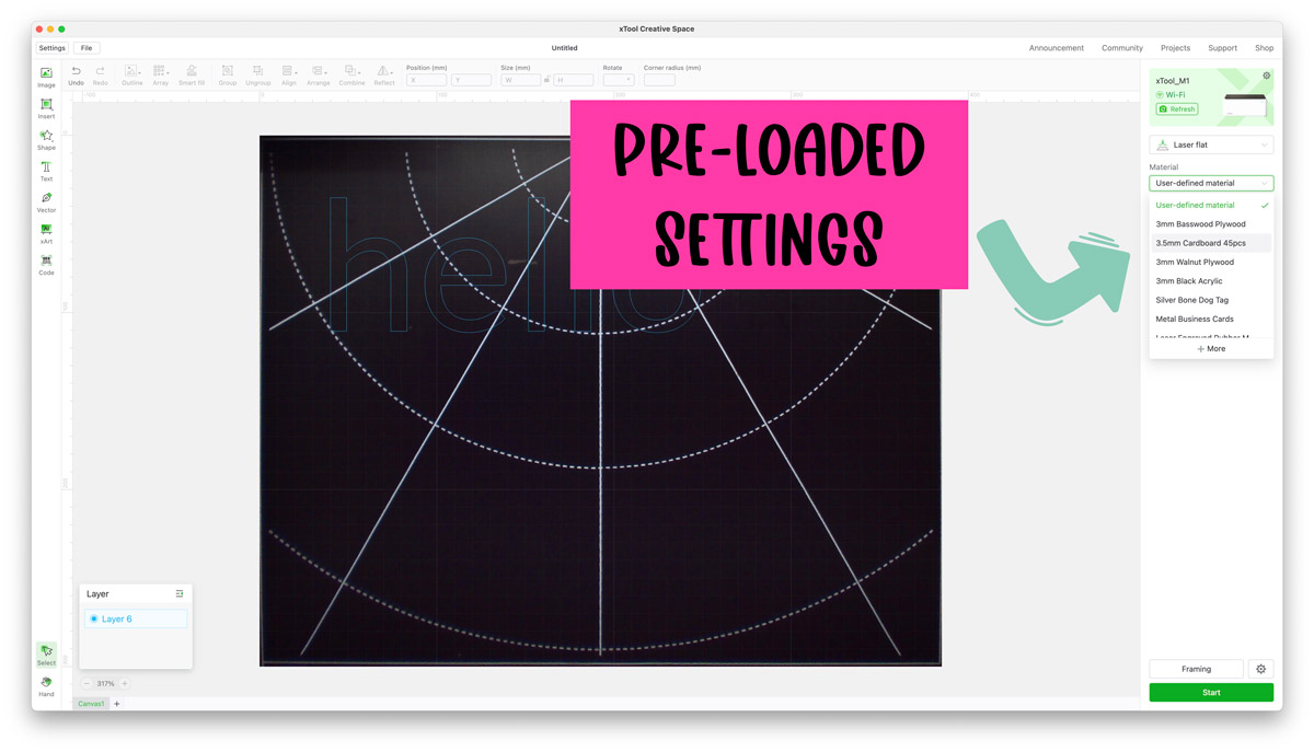 This image is showing the xTool software Creative Space. On the righthand side it has an arrow with some text that reads pre-loaded settings. The arrow is pointing at the pre-loaded settings section in the program.