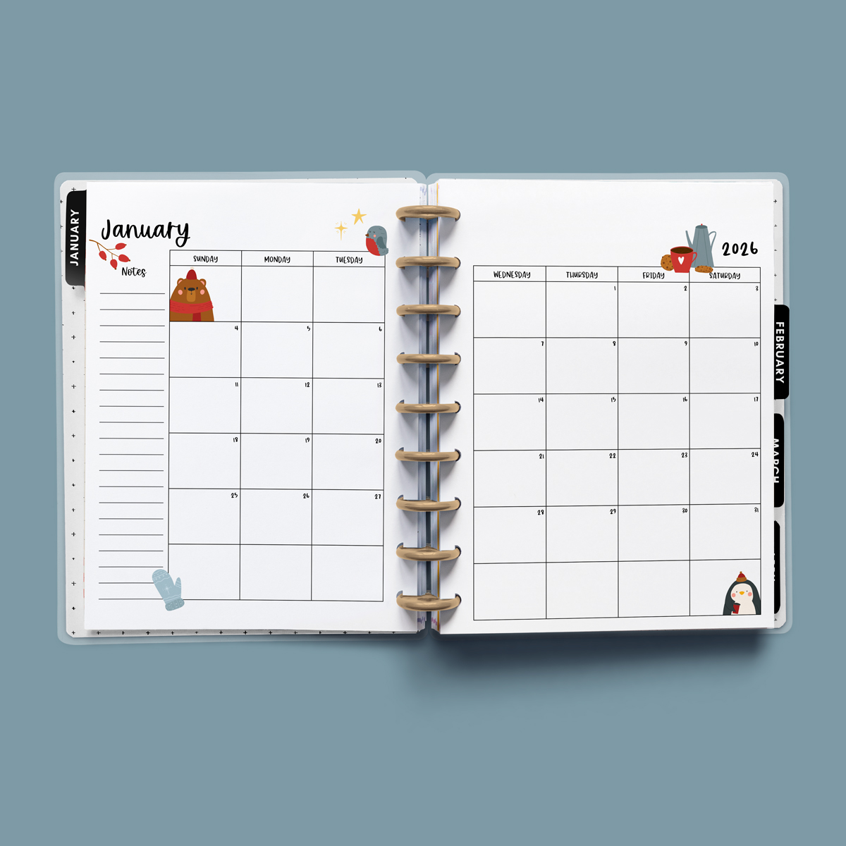 This image is an example of one of the printable 2026 calendar you can get for free at the end of this post. This is showing the month of January without holidays or clipart inside of an open planner.
