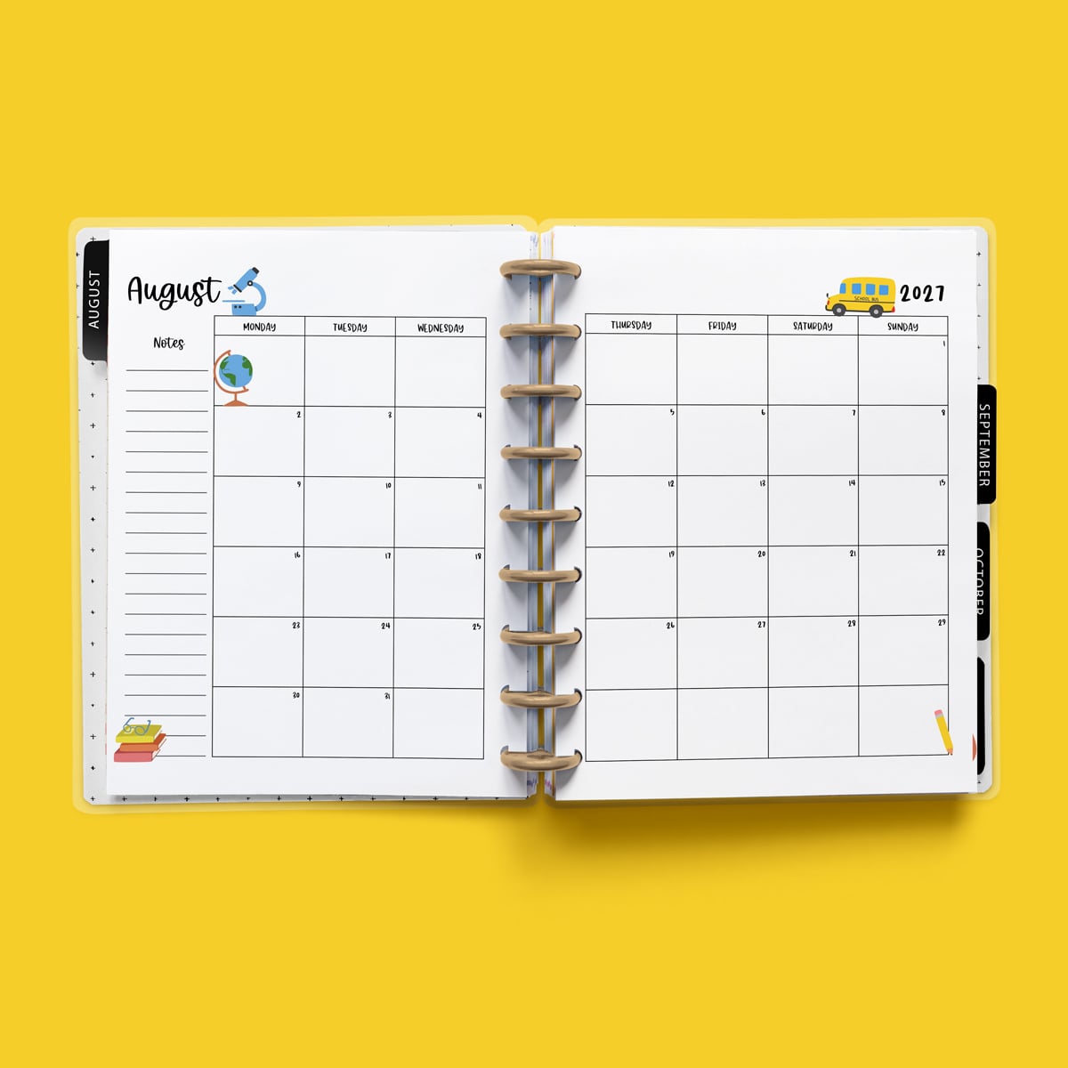 This image is an example of one of the printable 2027 calendar you can get for free at the end of this post. This is showing the month of August without holidays inside of an open planner.