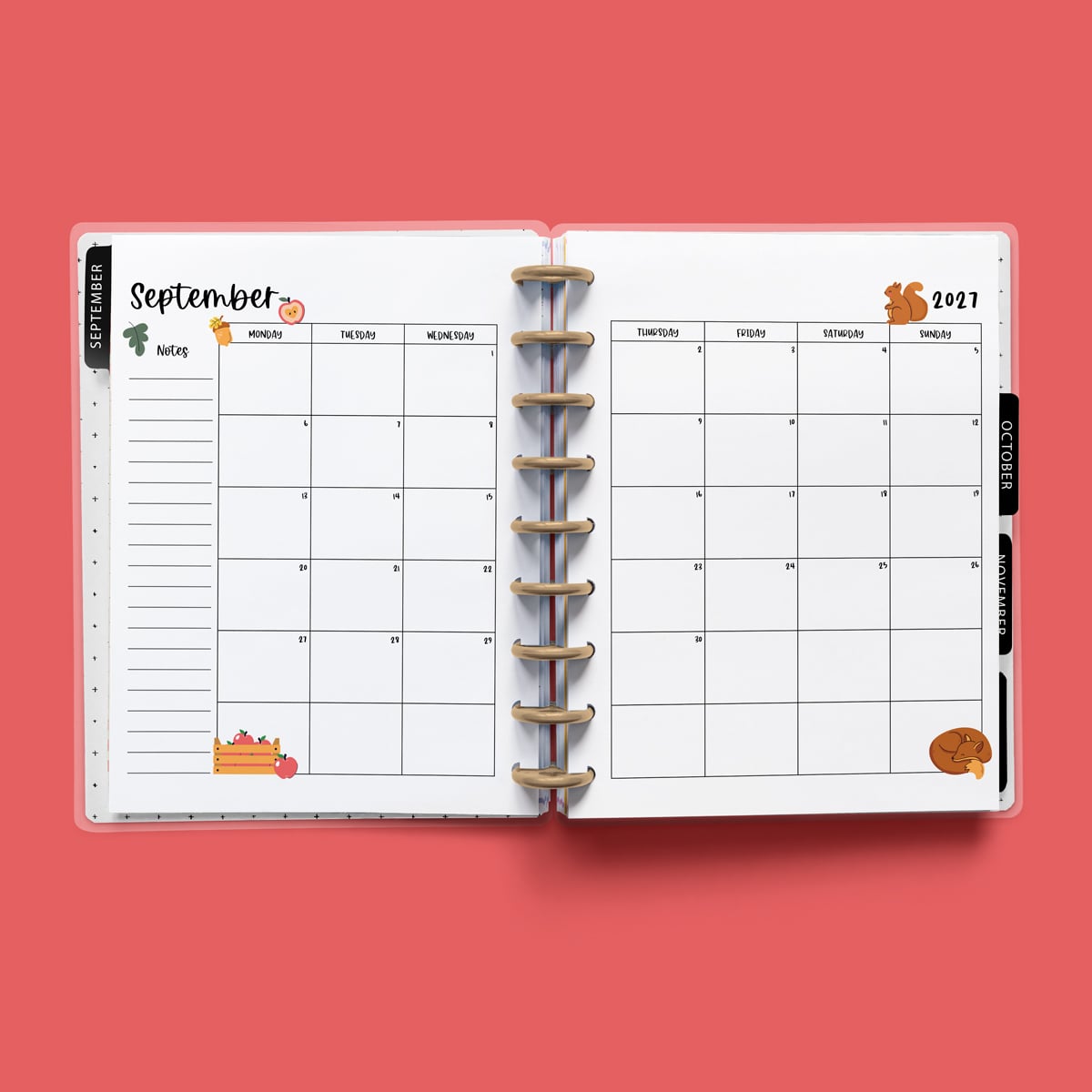 This image is an example of one of the printable 2027 calendar you can get for free at the end of this post. This is showing the month of September without holidays inside of an open planner.