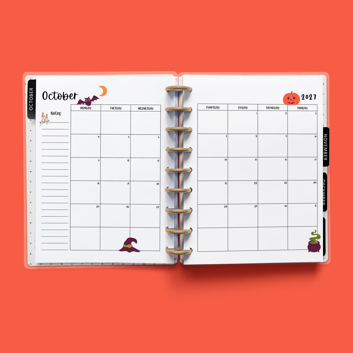 This image is an example of one of the printable 2027 calendar you can get for free at the end of this post. This is showing the month of October without holidays inside of an open planner.
