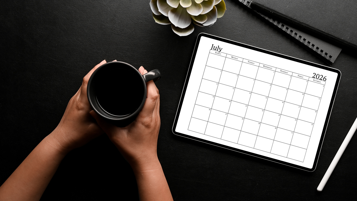 This image shows an example of the free 2026 calendar one page design you can get for free in this blog post. It's showing the month of July on a tablet screen.
