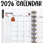 At the top, it says free seasonal 2026 calendar. Below is an image with an example of one of the printable 2026 calendar you can get for free at the end of this post. This is showing the month of January with holidays inside of an open planner.