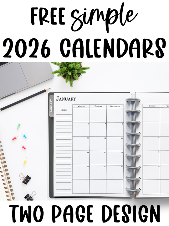 At the top it says free simple 2026 calendar. On the bottom it says two page design. In the middle, the image is of the 2025 free printable calendar you can download for free in this blog post. It is inside of an open planner on the month of January.