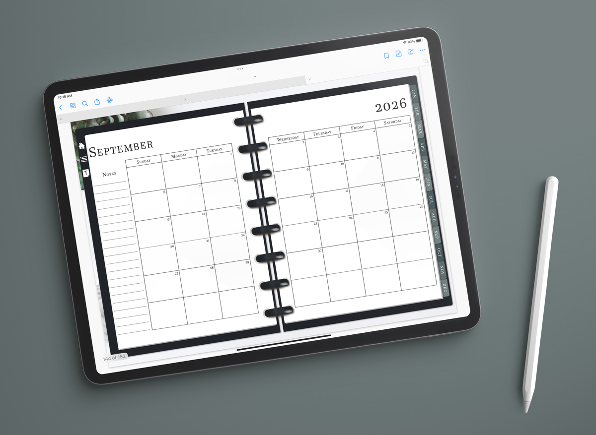 This image shows the 2026 free printable and digital calendar you can download for free in this blog post. It is shown inside of a digital planner app on a tablet open to September.