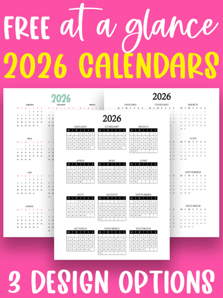 At the top it says free 2026 at a glance calendars. On the bottom it says 3 designs included. Inbetween, the image shows the 3 2026 free printable year at a glance calendars you can get for free in this blog post.