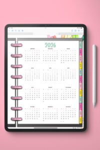This image shows a 2026 free printable year at a glance calendar you can get for free in this blog post. It shows it in a digital planner instead of printed.