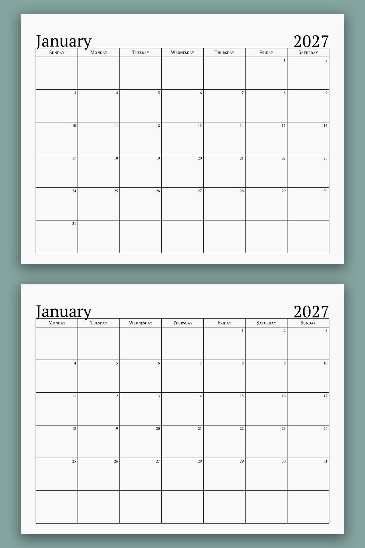 This image shows an example of the free 2027 printable calendar one page design you can get for free in this blog post. It's showing the month of January in both a Sunday and Monday start.