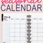 At the top, it says free seasonal 2027 calendar. At the bottom it says optional holidays. In-between is an image with an example of one of the printable 2027 calendar you can get for free at the end of this post. This is showing the month of January with holidays inside of an open planner.