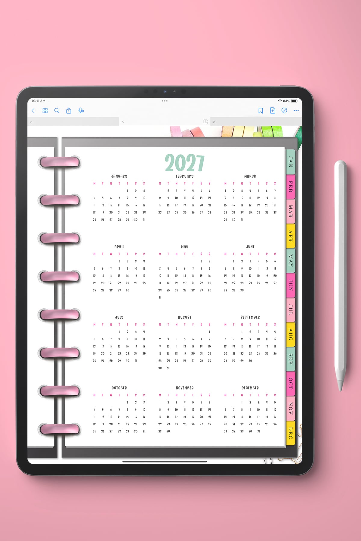 This image shows a 2027 free printable year at a glance calendar you can get for free in this blog post. It shows it in a digital planner instead of printed.