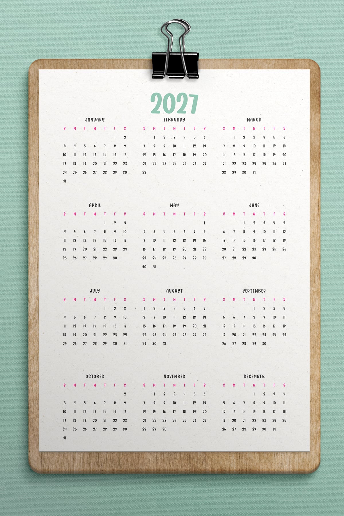 This image shows a 2027 free printable year at a glance calendar you can get for free in this blog post.